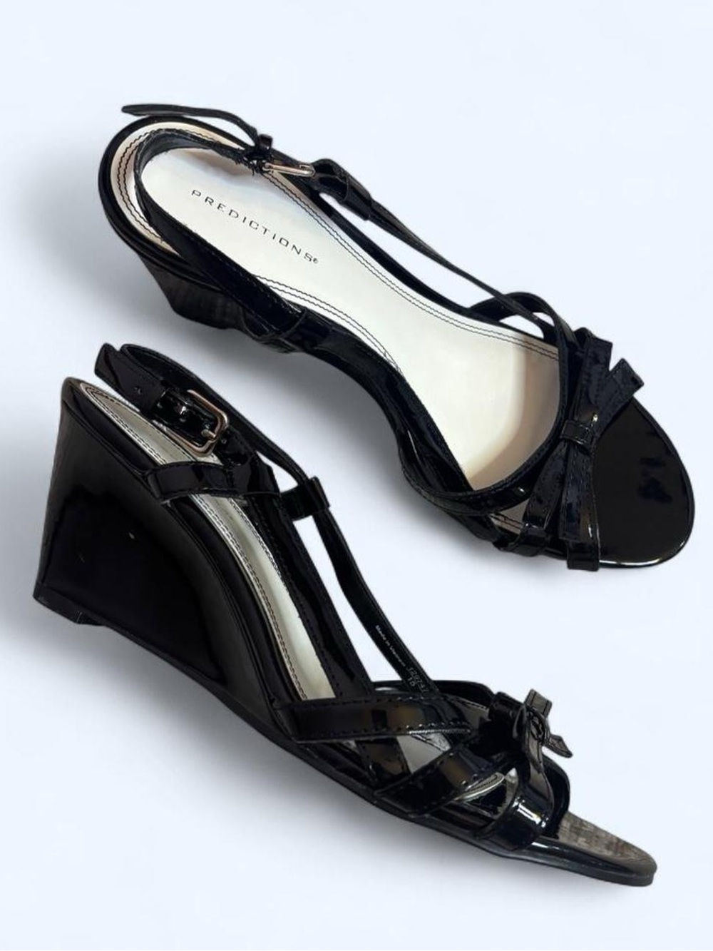 Vintage Black Patent Bow Wedge Sandals
